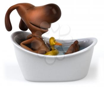 Royalty Free Clipart Image of a Dog Soaking in a Bathtub With a Rubber Ducky