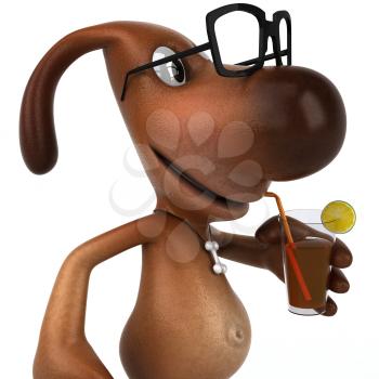 Royalty Free 3d Clipart Image of a Dog Wearing Black Rimmed Glasses Drinking a Beverage