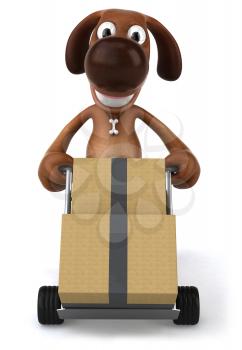 Royalty Free 3d Clipart Image of a Dog Pushing a Dolly Cart with Boxes on it