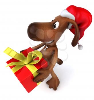 Royalty Free 3d Clipart Image of a Dog Wearing a Santa Hat and Holding a Gift