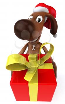 Royalty Free 3d Clipart Image of a Dog Wearing a Santa Hat and Holding a Gift