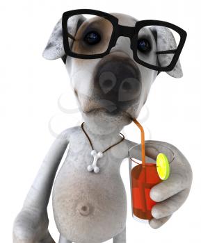 Royalty Free 3d Clipart Image of a Jack Russell Terrier Dog Wearing Black Rimmed Glasses and Sipping a Beverage