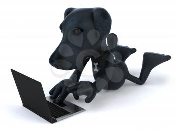 Royalty Free 3d Clipart Image of a Black Dog Laying in Front of a Laptop Computer