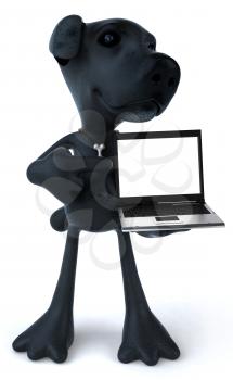 Royalty Free 3d Clipart Image of a Black Dog Holding a Laptop Computer
