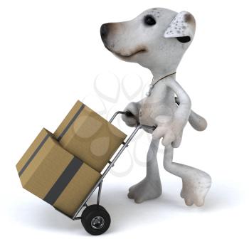 Royalty Free 3d Clipart Image of a Jack Russell Terrier Dog Pushing a Dolly Cart With Boxes