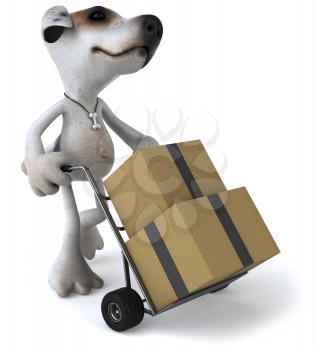 Royalty Free 3d Clipart Image of a Jack Russell Terrier Dog Pushing a Dolly Cart With Boxes