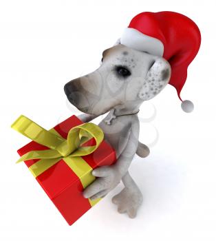 Royalty Free 3d Clipart Image of a Jack Russell Terrier Dog Wearing a Santa Hat and Holding a Gift