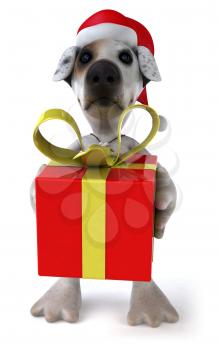 Royalty Free 3d Clipart Image of a Jack Russell Terrier Dog Wearing a Santa Hat and Holding a Gift