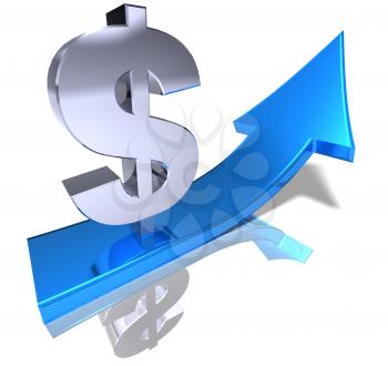 Royalty Free 3d Clipart Image of a Dollar Sign and an Arrow Pointing Upwards