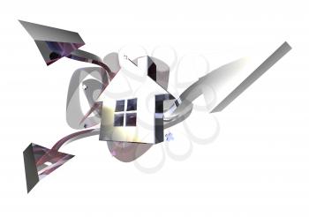 Royalty Free 3d Clipart Image of a House with Arrows Pointing From It