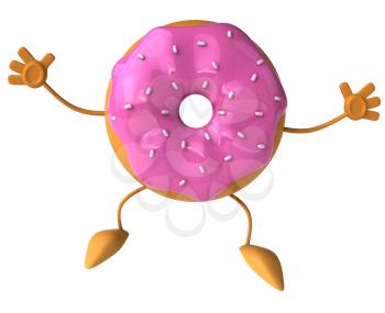 Royalty Free Clipart Image of a Doughnut With Pink Icing and Sprinkles Jumping