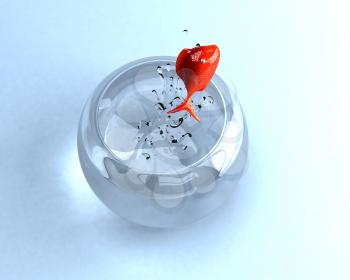 Royalty Free 3d Clipart Image of a Goldfish Jumping Out of a Fishbowl