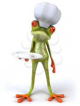 Royalty Free 3d Clipart Image of a Frog Wearing a Chef's Hat Holding a Dinner Plate