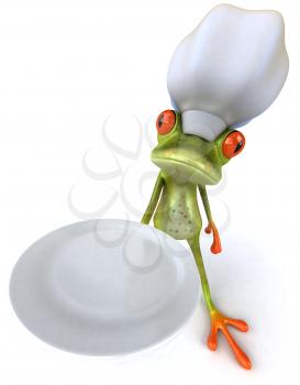 Royalty Free 3d Clipart Image of a Frog Wearing a Chef's Hat and Holding a Plate