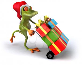 Royalty Free 3d Clipart Image of a Frog Wearing a Santa Hat and Pushing a Dolly Cart Full of Presents