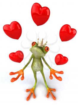 Royalty Free 3d Clipart Image of a Frog Wearing a Crown and Juggling Hearts