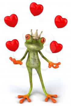 Royalty Free 3d Clipart Image of a Frog Wearing a Crown and Juggling Hearts