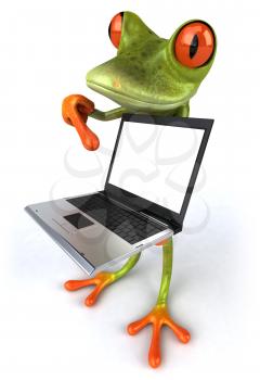 Royalty Free 3d Clipart Image of a Frog Pointing to a Laptop Computer