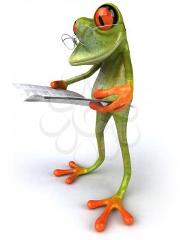 Royalty Free 3d Clipart Image of a Frog Wearing Wire Framed Eyeglasses and Reading a Book