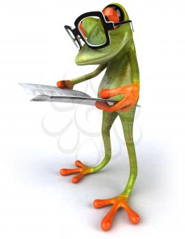 Royalty Free 3d Clipart Image of a Frog Wearing Black Framed Eyeglasses and Reading a Book