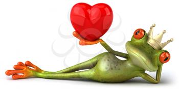 Royalty Free 3d Clipart Image of a Frog Laying on its Side, Wearing a Crown and Holding a Heart