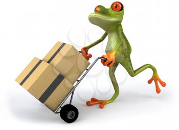 Royalty Free 3d Clipart Image of a Frog Pushing a Dolly Cart with Boxes on it
