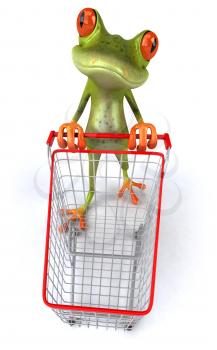 Royalty Free 3d Clipart Image of a Frog Pushing a Shopping Cart