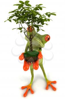 Royalty Free 3d Clipart Image of a Frog Holding a Tree