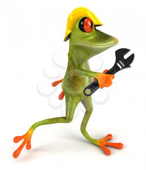Royalty Free Clipart Image of a Frog Wearing a Hardhat Carrying a Wrench