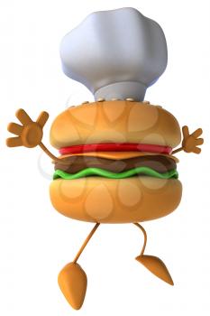 Royalty Free Clipart Image of a Burger Chef Jumping