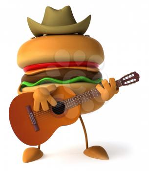 Royalty Free Clipart Image of Burger Wearing a Cowboy Hat and Playing a Guitar