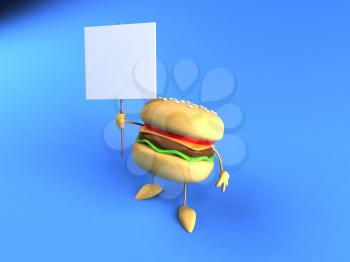 Royalty Free 3d Clipart Image of a Hamburger Holding a Blank Sign