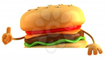 Royalty Free 3d Clipart Image of a Hamburger Holding a Sign Board and Giving a Thumbs Up Sign