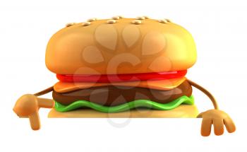 Royalty Free 3d Clipart Image of a Hamburger Pointing to a Sign Board