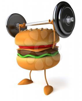 Royalty Free Clipart Image of a Hamburger Lifting Weights