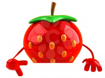 Royalty Free 3d Clipart Image of a Strawberry Pointing to a Sign Board