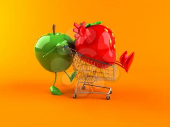 Royalty Free 3d Clipart Image of an Apple Pushing a Strawberry in a Shopping Cart