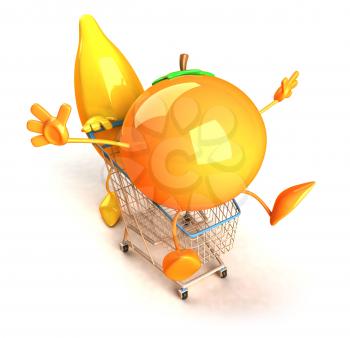 Royalty Free 3d Clipart Image of a Banana Pushing a Orange in a Shopping Cart