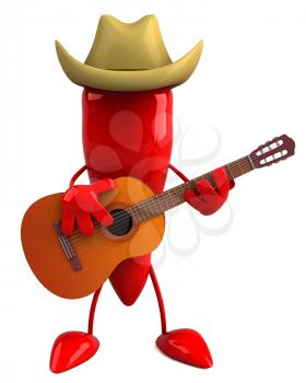 Royalty Free Clipart Image of a Pepper in a Cowboy Hat Playing a Guitar