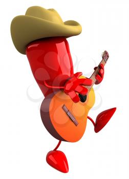 Royalty Free Clipart Image of a Guitar Playing Pepper Wearing a Cowboy Hat