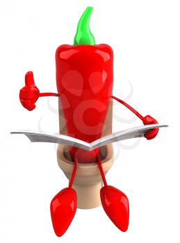Royalty Free Clipart Image of a Red Pepper Reading a Newspaper on the Toilet and Giving a Thumbs Up