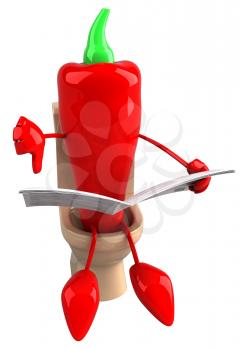 Royalty Free Clipart Image of a Red Pepper Reading a Newspaper and Giving a Thumbs Down While Sitting on the Toilet