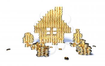 Royalty Free 3d Clipart Image of Gold Coins Stacked in the Shape of a House