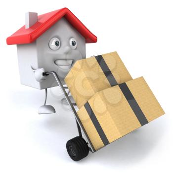 Royalty Free 3d Clipart Image of a House Pushing a Dolly Carts With Boxes