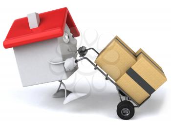 Royalty Free 3d Clipart Image of a House Pushing a Dolly Carts With Boxes