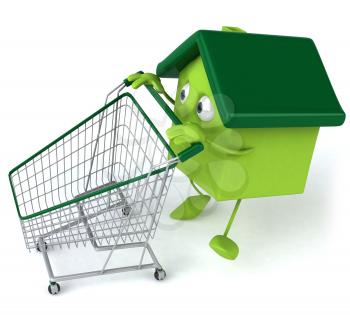 Royalty Free 3d Clipart Image of a House Pushing a Shopping Cart