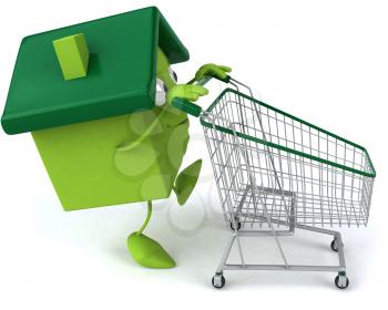 Royalty Free Clipart Image of a Green House Guy With a Grocery Cart