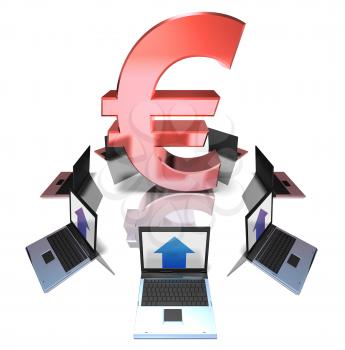 Royalty Free 3d Clipart Image of a Euro Symbol Surrounded by Laptop Computers