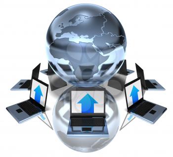 Royalty Free 3d Clipart Image of a Globe Surrounded by Laptop Computers