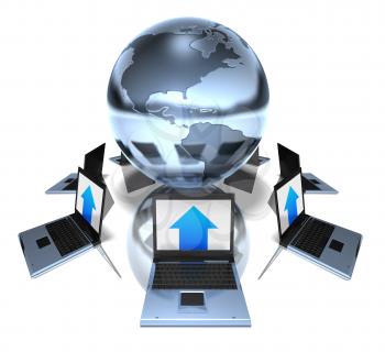 Royalty Free 3d Clipart Image of a Globe Symbol Surrounded by Laptop Computers